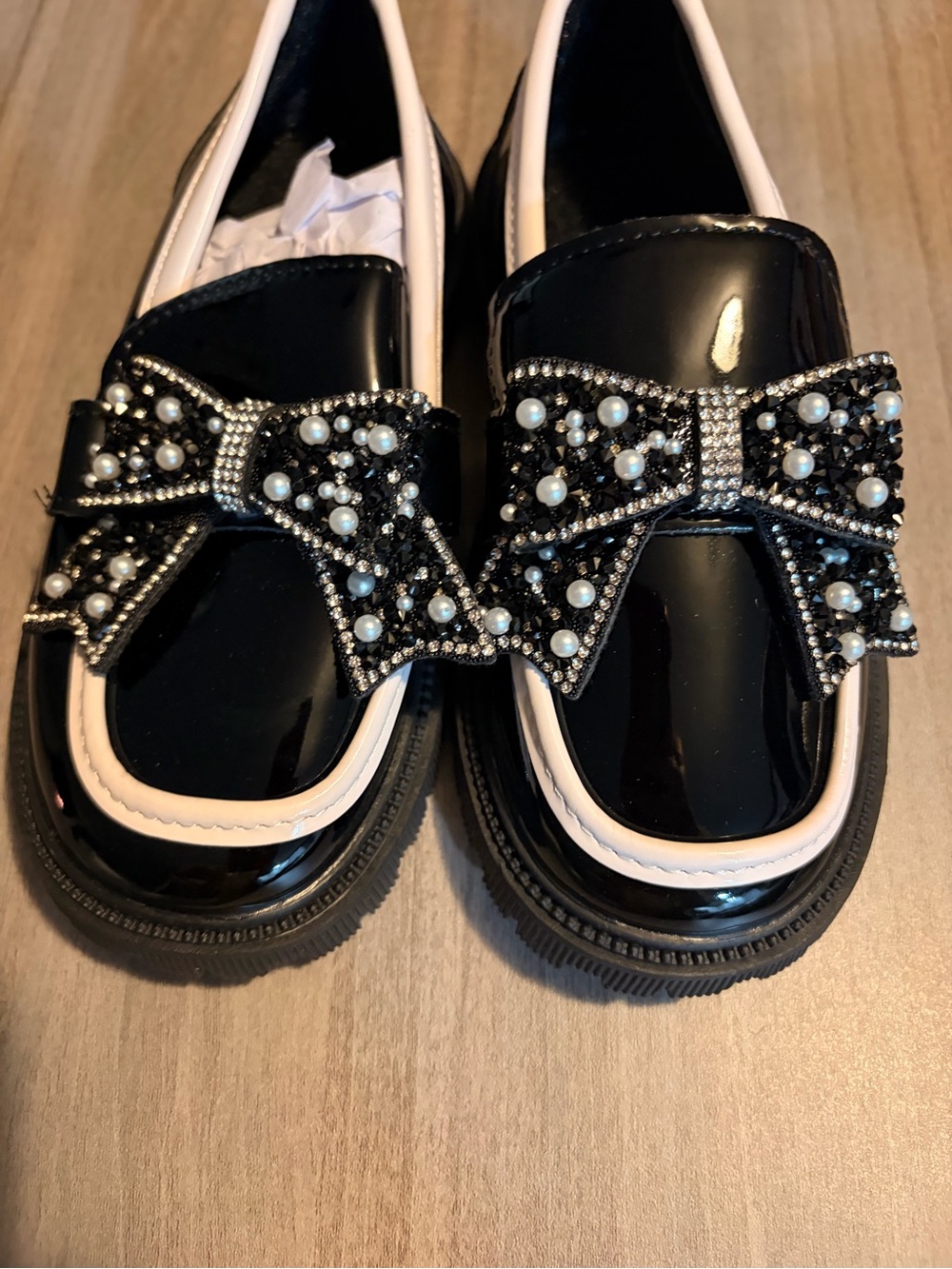 H&M Black Patent Loafers with Pearl & Rhinestone Bow